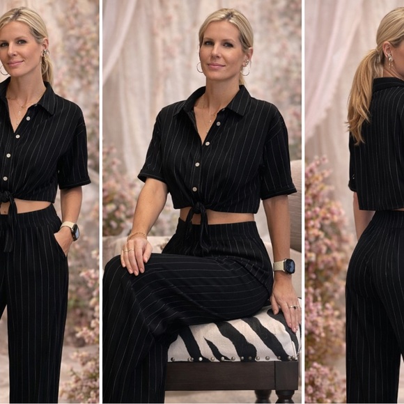 Charlotte Avery Pants - Charlotte Avery 2-Piece Black Pinstripe Set Wide Leg Pants + Tie Front Top M